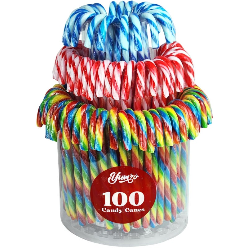 Christmas Candy Canes Tutti Frutti, Blue/White Peppermint, Red and White Cherry Mix Flavors - Bulk Candy Canes Individually Wrapped for Family Holiday Indulgement, Candy Cane Gift Set (100 Count) - Image 1
